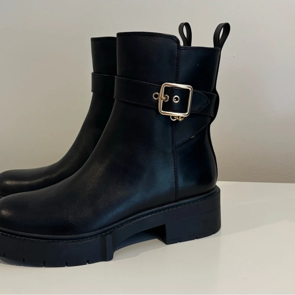 Coach Black Ankle Booties with Gold Buckle - Picture 2 of 10
